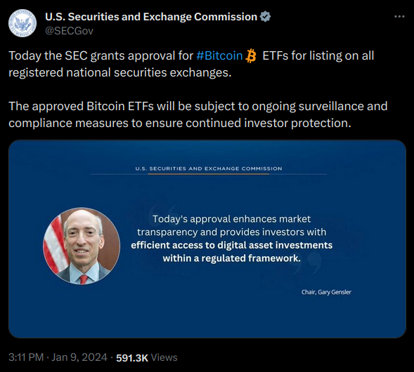 A screencap of a (faked!) tweet, from the SEC website, declaring that Bitcoin ETFs have been approved.