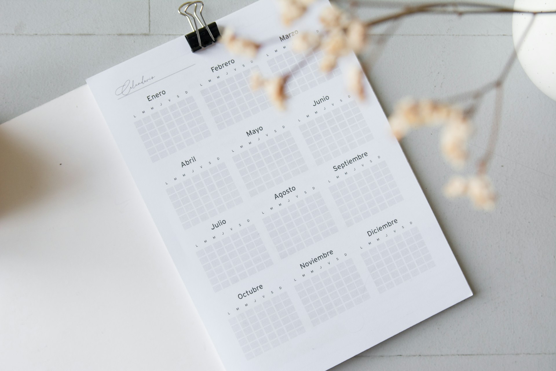 description: A printout of a one-year calendar.  Photo by Paico Oficial on Unsplash.